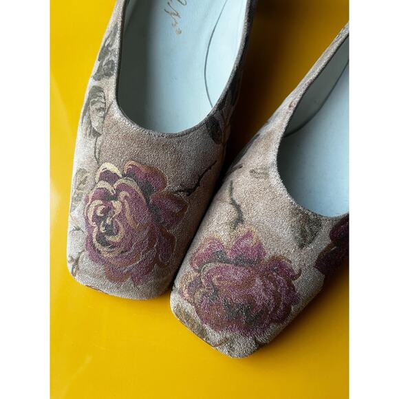 Vintage 70s Suede Heels | Floral Leather Square Toe Block Heel | 7.5M - Picture 3 of 7